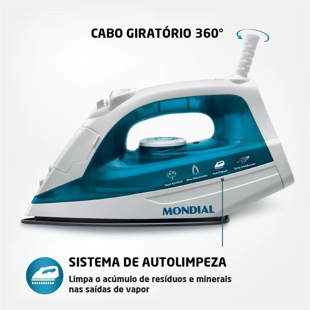 FERRO DE PASSAR A VAPOR 127V BCO/AZUL MONDIAL (UNIDADE) - imagem 7