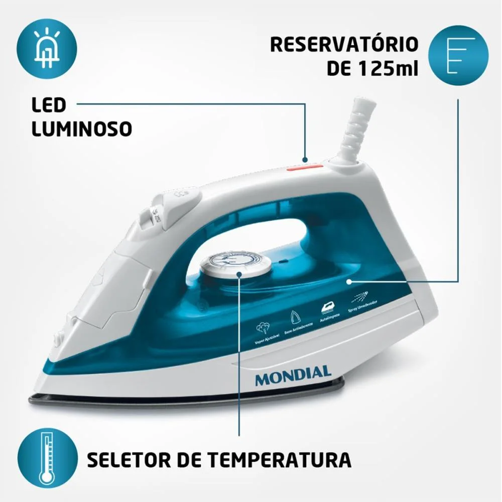 FERRO DE PASSAR A VAPOR 127V BCO/AZUL MONDIAL (UNIDADE) - imagem 8