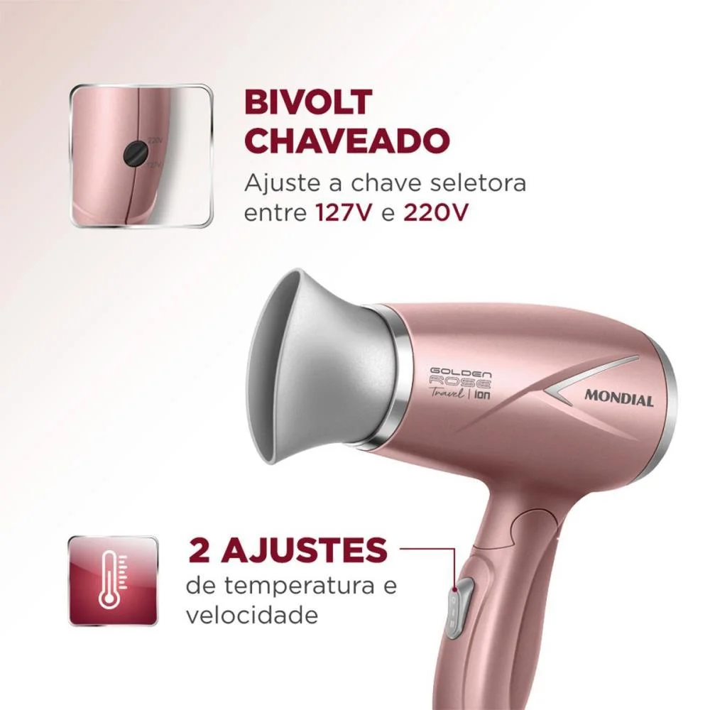 SECADOR DE CABELO GOLDEN ROSE 1200W  BIVOLT MONDIAL (UNIDADE) - imagem 5