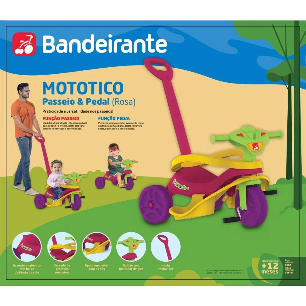 TRICICLO MOTOTICO PASSEIO/PEDAL ROSA BANDEIRANTE (UNIDADE) - imagem 11