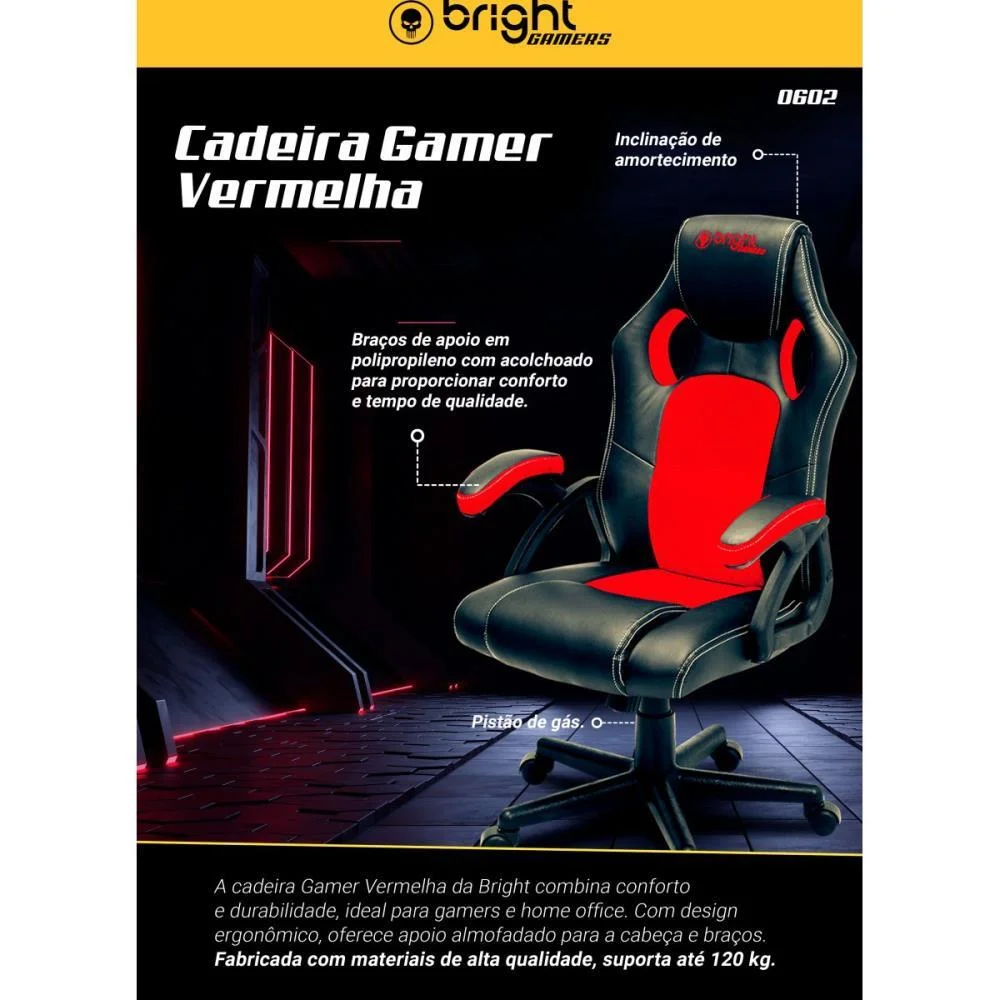 CADEIRA GAMER VERMELHA BRIGHT (UNIDADE) - imagem 4