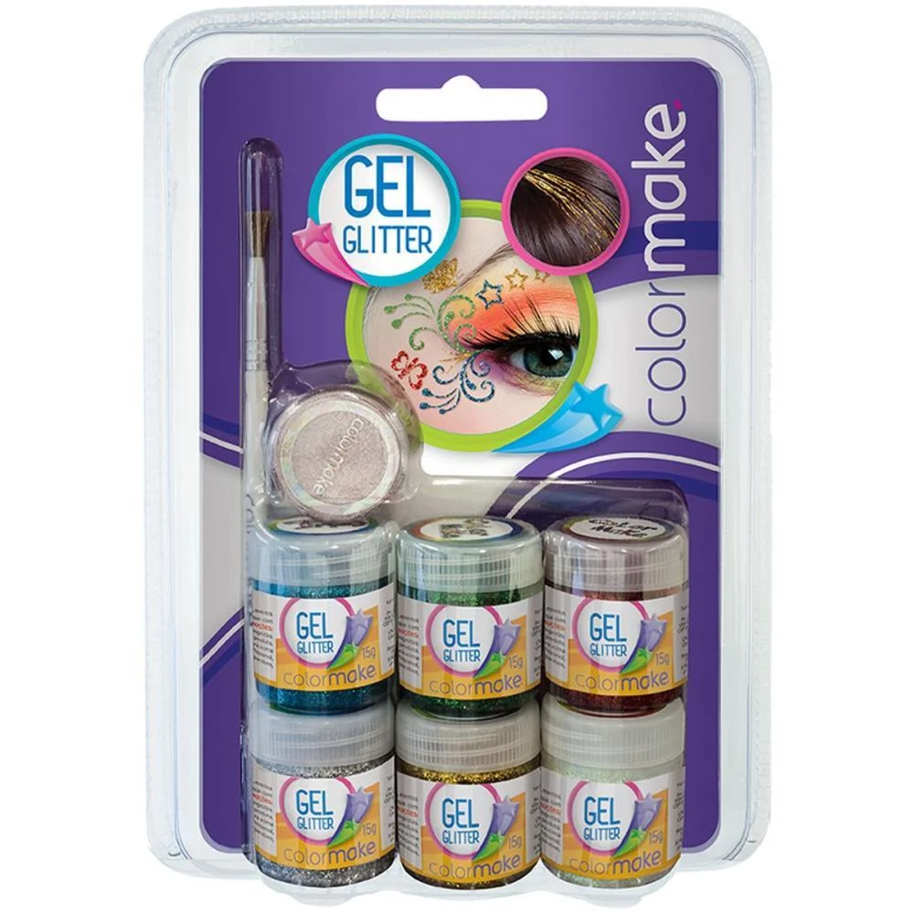 PINTURA FACIAL GEL GLITER 6 CORES+PINCEL+SOMB COLORMAKE (KIT) - imagem 2