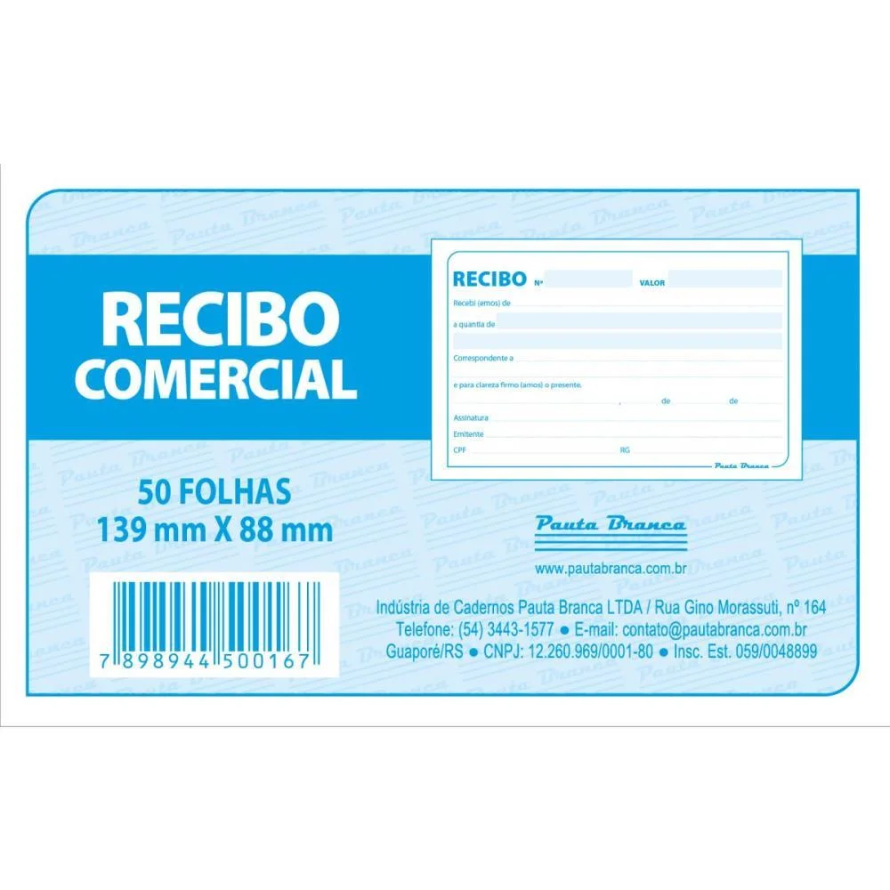 IMPRESSO RECIBO COMERCIAL S/CANHOTO 50F 139X88 PAUTA BRANCA (PCT.C/20) - imagem 3