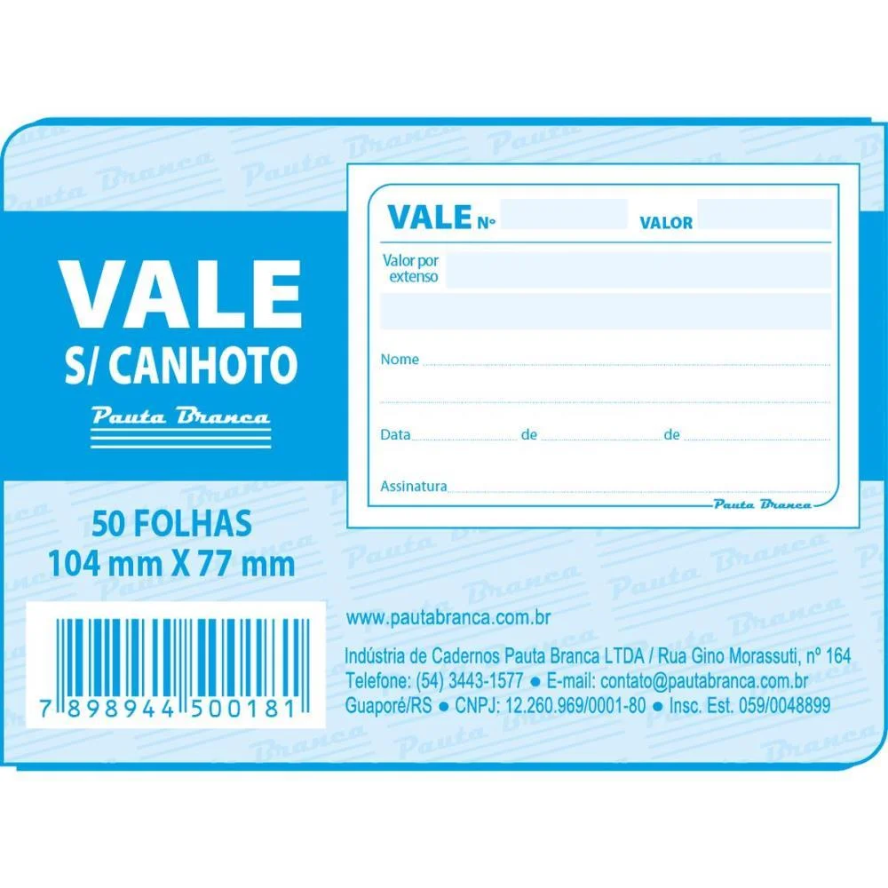 IMPRESSO VALE 50FLS S/CANHOTO 104X77MM PAUTA BRANCA (PCT.C/20) - imagem 3