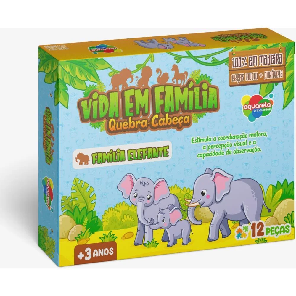 QUEBRA-CABECA MADEIRA VIDA EM FAMILIA ELEFANTE 12PCS AQUARELA BRINQUEDOS (UNIDADE) - imagem 2