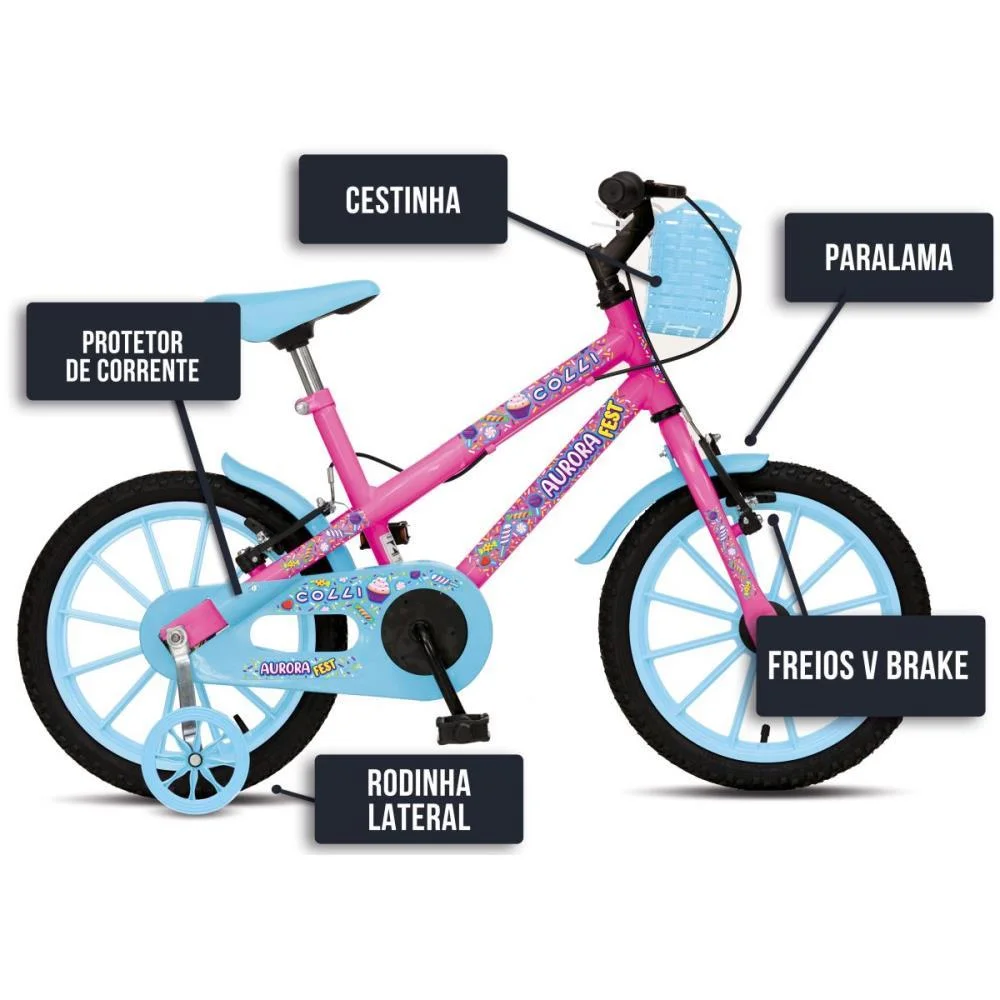 BICICLETA INFANTIL ARO 16 AURORA FEST ROSA NEON COLLI BIKE (UNIDADE) - imagem 4