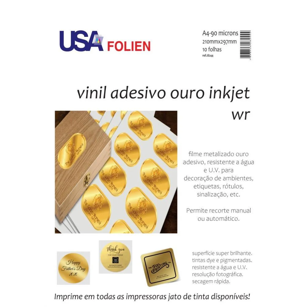 PAPEL FOTOGRAFICO INKJET A4 VINIL ADES.BRILHO OURO USA FOLIEN (PCT.C/10) - imagem 2