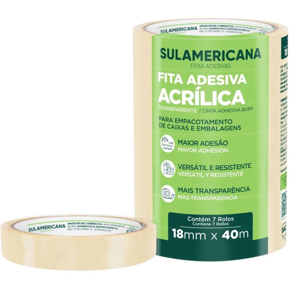 FITA PARA EMPACOTAMENTO SULAMERICANA  18MMX40M TRANSP. SULAMERICANA (PCT.C/07) - imagem 3