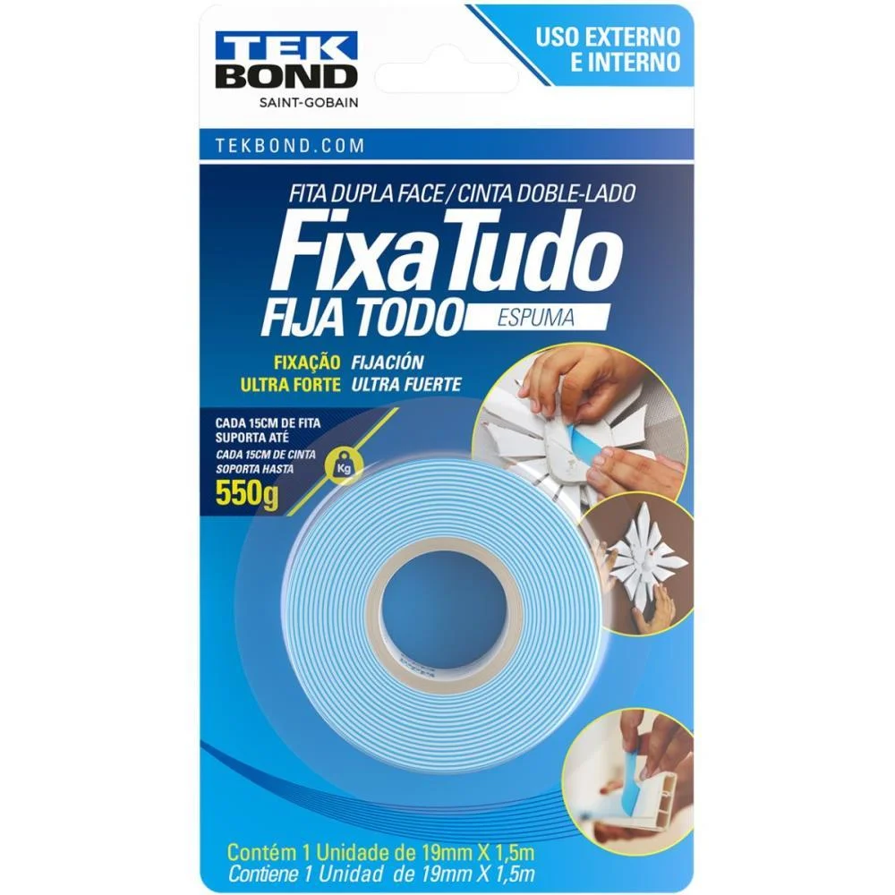 FITA DUPLA FACE FIXA TUDO ESPUMA 19MMX1,5M TEKBOND (UNIDADE) - imagem 2