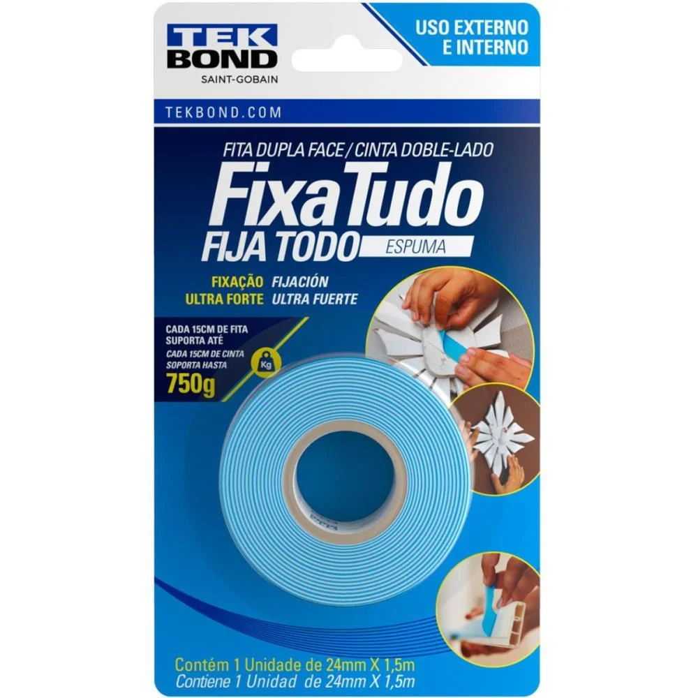FITA DUPLA FACE FIXA TUDO ESPUMA 24MMX1,5M TEKBOND (UNIDADE) - imagem 3