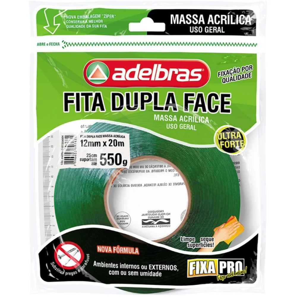 FITA DUPLA FACE MASSA ACRILICA VERDE 12MMX20M ADELBRAS (UNIDADE) - imagem 2