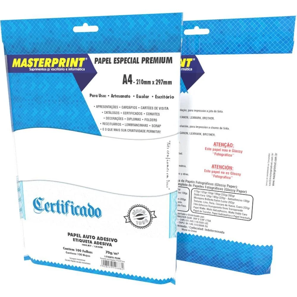 ETIQUETA A4 AUTO ADESIVO INK/LASER 70G. MASTERPRINT (PCT.C/100) - imagem 3