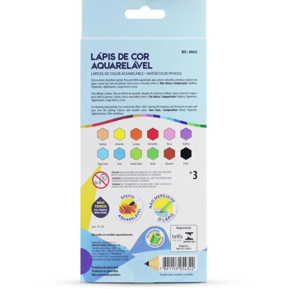 LAPIS DE COR AQUARELAVEL 12 CORES ACRILEX (CX.C/12) - imagem 3
