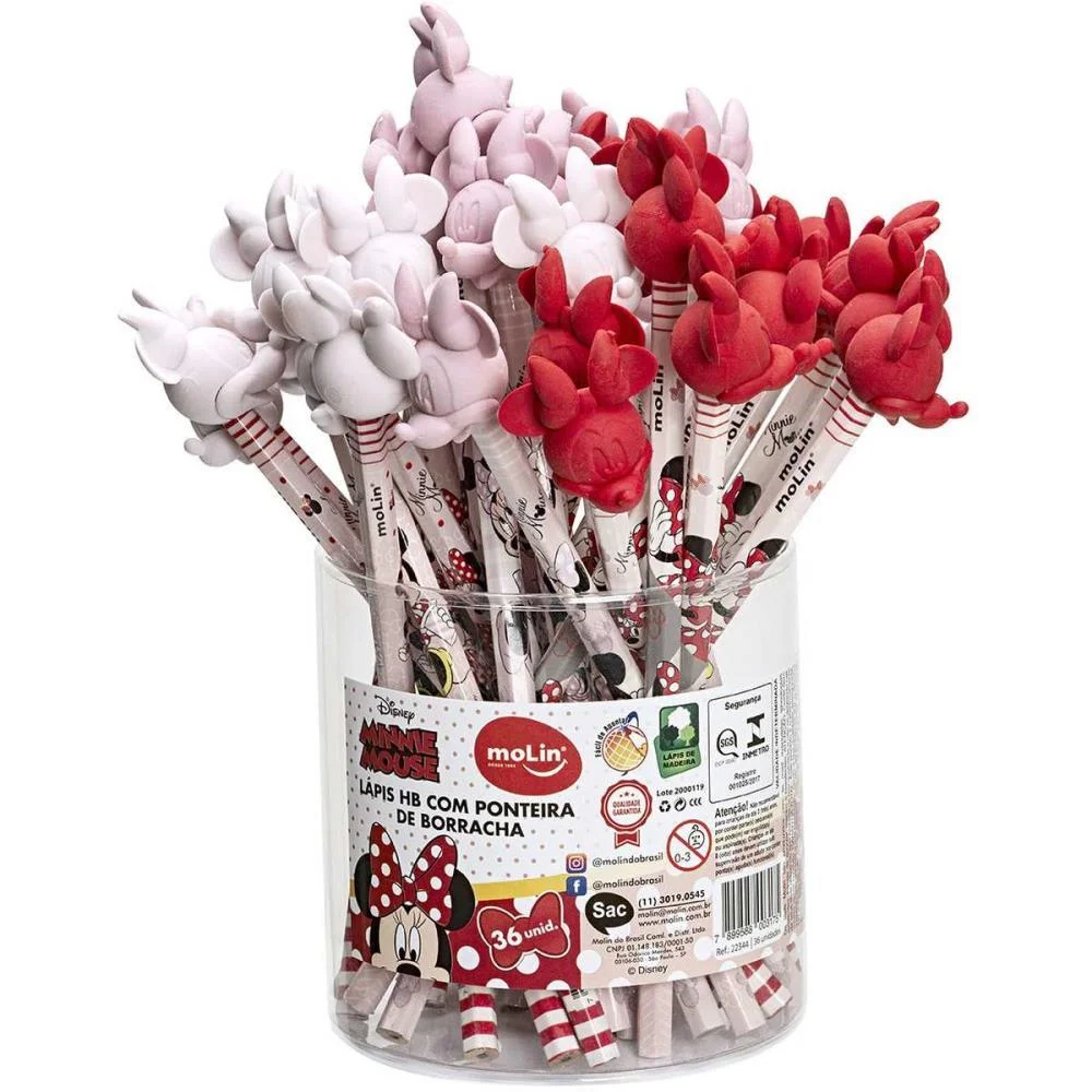 LAPIS PRETO REDONDO DECORADO MINNIE C/ BORRACHA PONTEIRA MOLIN (POTE-36) - imagem 3