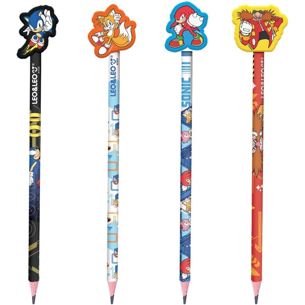 LAPIS PRETO REDONDO DECORADO SONIC C/BORRACHA 4 MODELOS LEONORA (POTE-30) - imagem 2