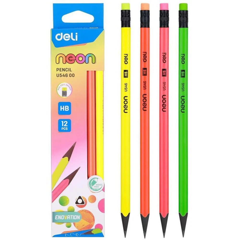 LAPIS PRETO REDONDO DECORADO HB TRIANG.NEON C/BORRACHA WOOD DELI (BL.C/12) - imagem 4