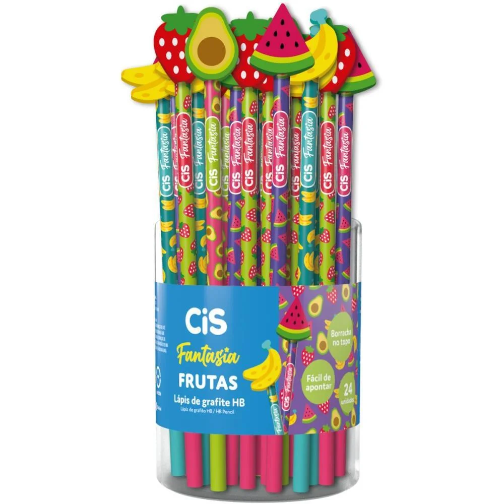 LAPIS PRETO REDONDO DECORADO CIS BORRACHA FRUTAS 4 MOD. (S) SERTIC (POTE-24) - imagem 2