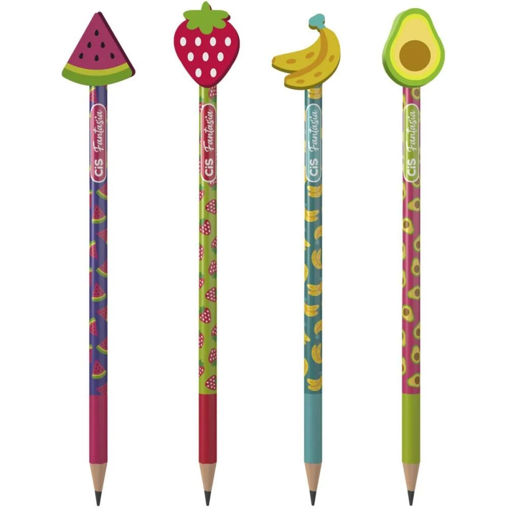 LAPIS PRETO REDONDO DECORADO CIS BORRACHA FRUTAS 4 MOD. (S) SERTIC (POTE-24) - imagem 4