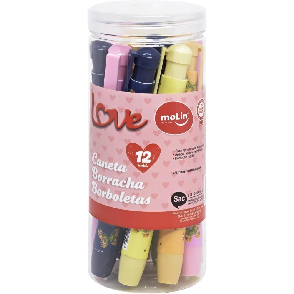 BORRACHA CANETA LOVE BORBOLETAS 4MODELOS MOLIN (POTE-12)