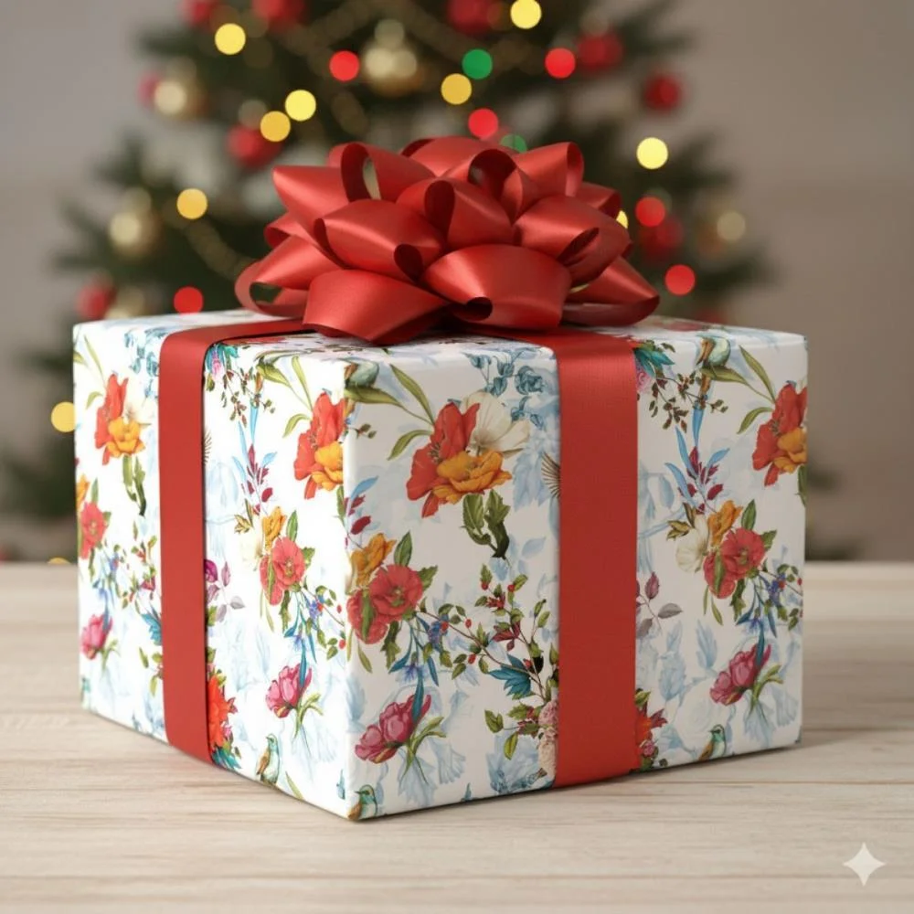 PAPEL PRESENTE BOBINA COUCHE 60CM. MOD.222 FLORES E PASSARO GESSELE (BO-100MTS) - imagem 3