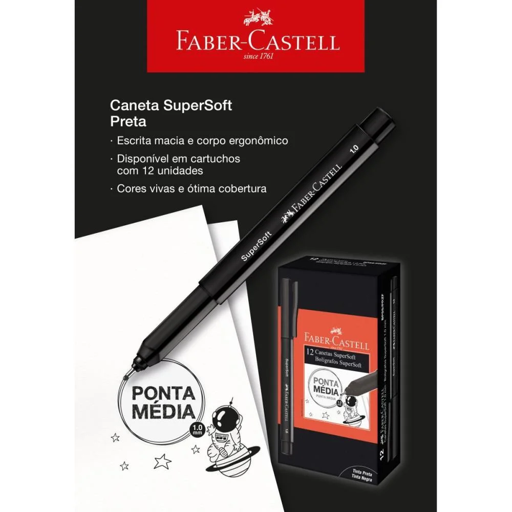 CANETA COM PONTA POROSA SUPERSOFT PEN 1.0MM PRETA FABER-CASTELL (CX.C/12) - imagem 5