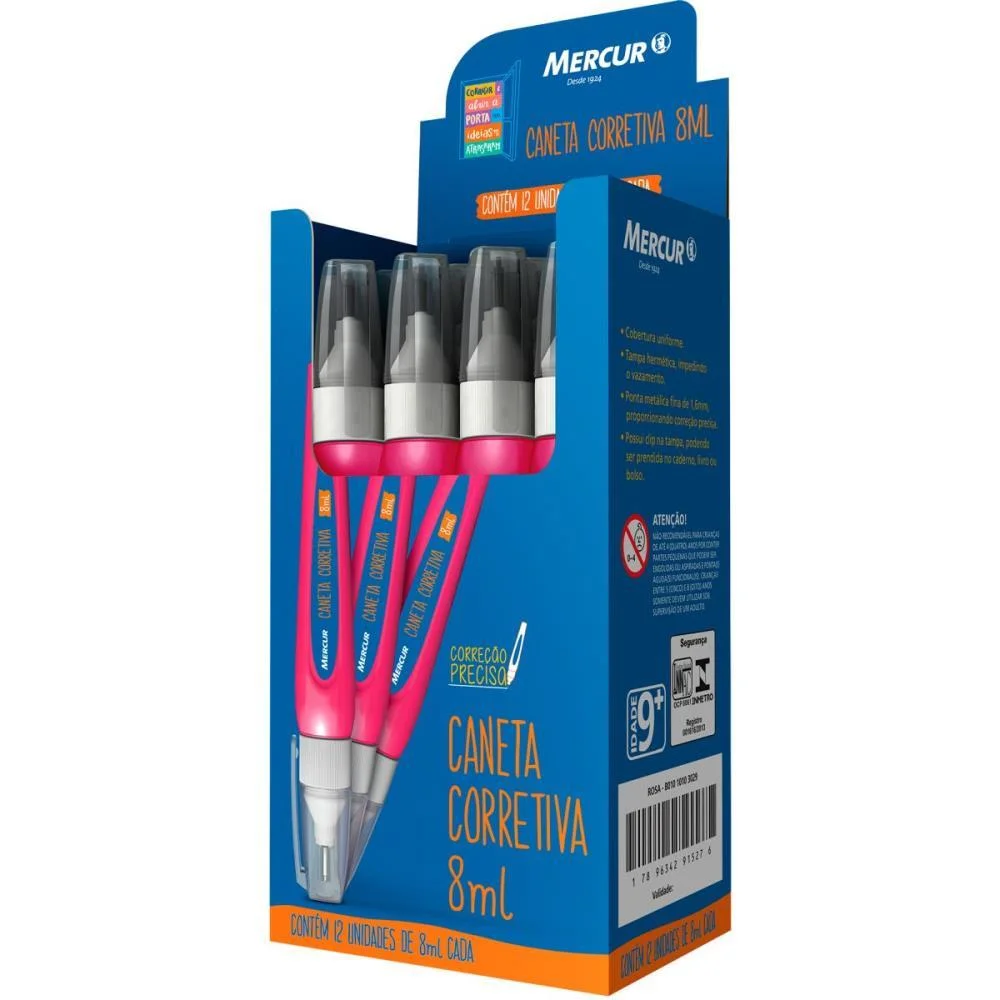 CANETA CORRETIVA 8ML ROSA PONTA METALICA MERCUR (CX.C/12) - imagem 2