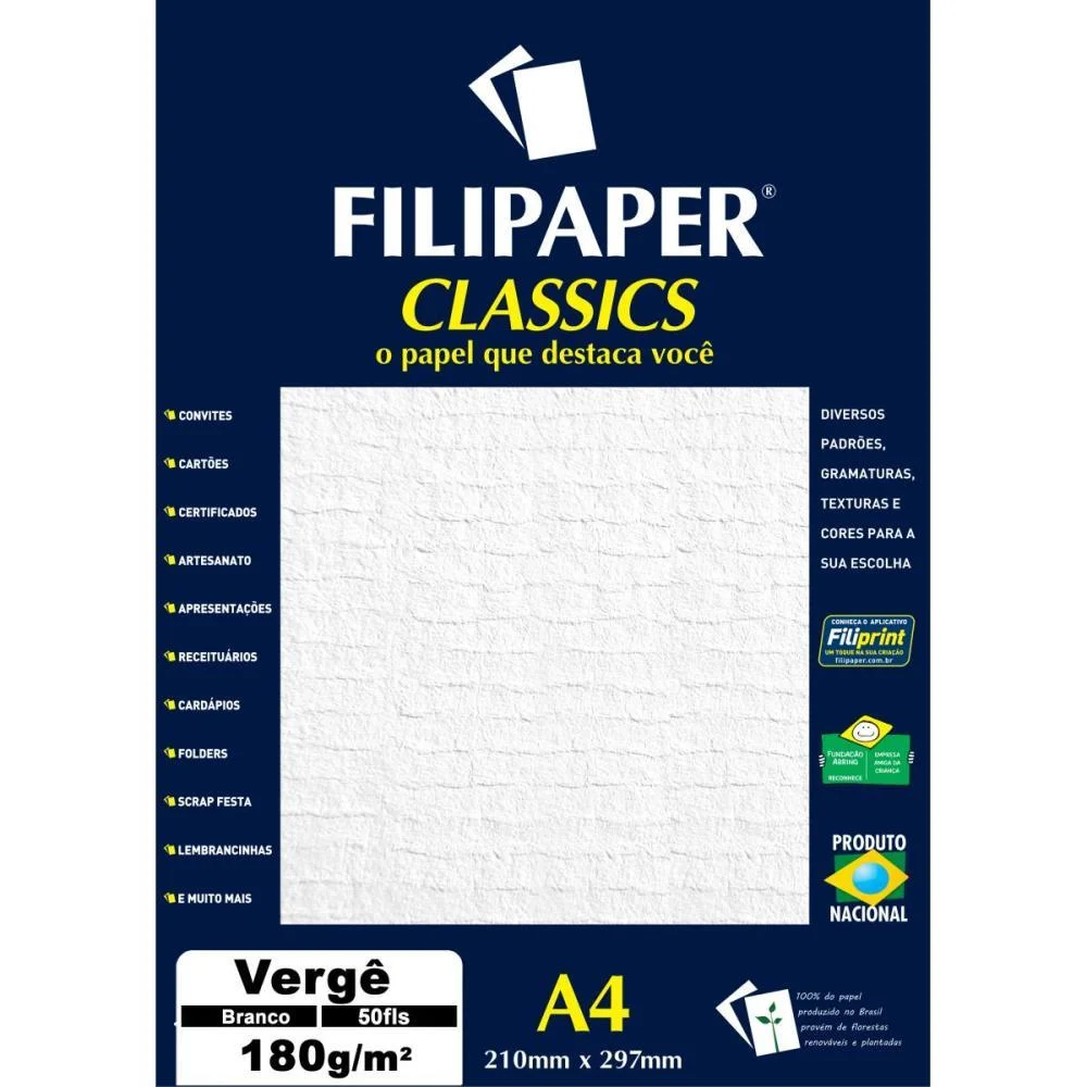 PAPEL A4 VERGE BRANCO CLASSICS 180G. FILIPERSON (CX.C/50) - imagem 2
