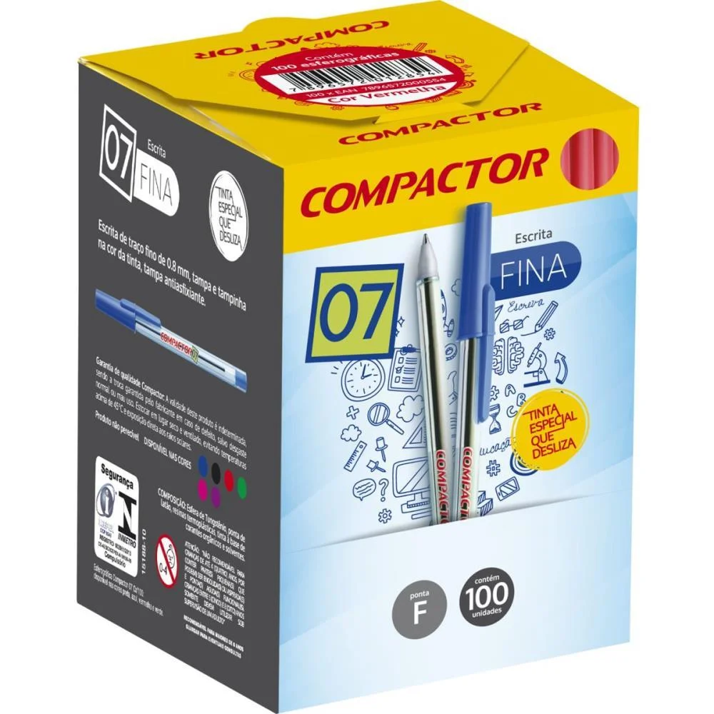 CANETA ESFEROGRAFICA 0,7MM FINA VERMELHA COMPACTOR (CX.C/100) - imagem 3