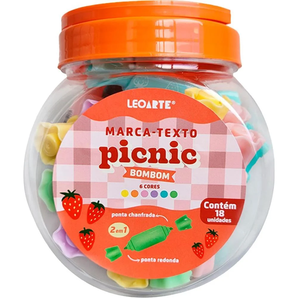 CANETA MARCA TEXTO PICNIC BOMBOM MINI 2EM1 6CORES LEONORA (POTE-18) - imagem 2